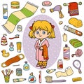 Vector color set of bathroom objects, girl and bathrobe