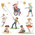 Vector color set of sketch illustration of children. Girl in wheelchair ball game with the boy, the child catches a