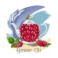 Vector color set of tea collection of berries and a teapot with the inscription. Raspberry tea.