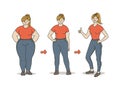 Vector color sketch illustration of how a fat girl loses weight. A young woman becomes slimmer arrows show progress