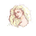 Vector color sketch illustration. Portrait of young beautiful girl with long blonde thick hair, soft eyes and sensual lips.