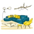 Vector color sketch of living room.Hand drawn furniture. Illustration of furniture interior room, living apartment.