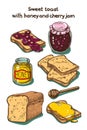 Vector sketch Sweet toast with honey and cherry jam