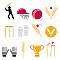 Cricket bat, man playing cricket, cricket equipment - sport vector icons set Royalty Free Stock Photo