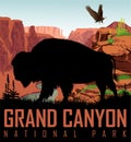 Vector Colorado river in Grand Canyon National Park with buffalo bison and bald eagle