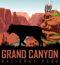 Vector Colorado river in Grand Canyon National Park with wolf and condor griffon vulture