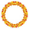 Vector colored round frame mandala fall autumn leaves - red, orange, yellow and green vibrant color on white background