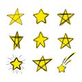 Vector Colored Hand Drawn Doodle Stars, Scribble Drawings, Bright Yellow Color, Isolated Set.