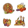 Vector colored hand drawn italian pizza, vegetables and cheese piles set Royalty Free Stock Photo