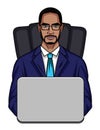 Vector colored illustration of an afro american guy sitting in an office chair in front of a computer. Royalty Free Stock Photo