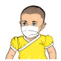 Vector colored illustration of baby with blue eyes in yellow bodysuit with medical mask on face Royalty Free Stock Photo