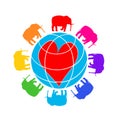 Eight elephants around the globe with a heart.