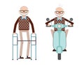 Vector colored illustration of a retired man with a cane and a retired man driving a scooter.