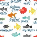 Vector colored seamless pattern of aquarium fish with lettering Royalty Free Stock Photo