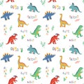Vector colored seamless repeating children pattern with cute dinosaurs, plants and comic dino doodle quotes on a white