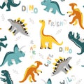 Vector colored seamless repeating children pattern with cute dinosaurs, plants and comic Dino quotes in Scandinavian