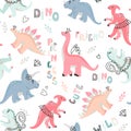 Vector colored seamless repeating pattern for children with cute princess dinosaurs, plants and comic Dino quotes in