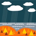 Vector landscape background with rainy clouds, wood and sea