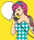 Vector colorful art of very beautiful subculture punk, hipster woman with phone, pin up, pop art illustration in vector