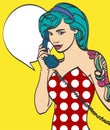 Vector colorful art of very beautiful subculture punk, hipster woman with phone, pin up, pop art illustration in vector