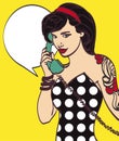 Vector colorful art of very beautiful subculture punk, hipster woman with phone, pin up, pop art illustration in vector