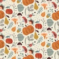 Vector colorful autumn natural seamless pattern with fall leaves, fruits, pumpkins and mushrooms Royalty Free Stock Photo