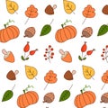 Vector colorful autumn natural seamless pattern with fall leaves, fruits, pumpkins and mushrooms. Royalty Free Stock Photo