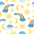 Vector colorful background with doodle sun, moon, clouds and rainbow. Royalty Free Stock Photo