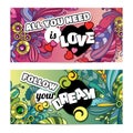 Vector colorful banner templates set with abstract doodles design background and inspiration text. Life is beautiful. Royalty Free Stock Photo
