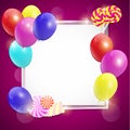 Vector colorful birthday card with balloons and candies. Royalty Free Stock Photo