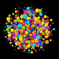 Vector colorful bright rainbow colors circle confetti round papers on black background. Birthday template