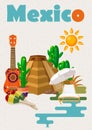 Vector Colorful Card With Pyramid About Mexico. Vintage Style. Welcome To Mexico. Viva Mexico. Travel Poster With Mexican Items.