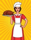 Vector Colorful Comic Art Style Illustration Of A Pretty Woman In A Cook`s Hat With A Plate Of Food.