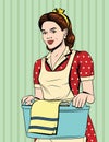 Vector colorful comic pop art style illustration of a beautiful housewife with basket of wet clothes