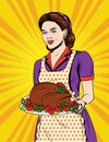 Vector colorful comic pop art style illustration of a beautiful housewife with traditional thanksgiving food