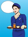 Vector colorful comic pop art style illustration of a beautiful waitress with a tray of drinks.