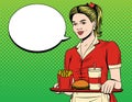 Vector colorful comic pop art style illustration of a beautiful waitress with a tray of fast food. Royalty Free Stock Photo