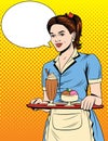 Vector colorful comic pop art style illustration of a beautiful waitress with a tray.