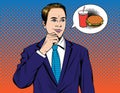 Vector colorful comic pop art style illustration of businessman dreaming about burger Royalty Free Stock Photo