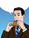 Vector colorful comic pop art style illustration of a hungry businessman eating a burger.