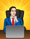 Vector colorful comic pop art style illustration of a manager sitting on the chair in the office. Royalty Free Stock Photo