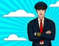 Vector colorful comic pop art style illustration of smiling pilot standing with crossed hands.