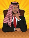 Vector colorful comic style illustration of an Arabian man in traditional clothes is sitting in an armchair behind a desk.