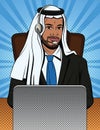 Vector colorful comic style illustration of an Arabian man in traditional clothes is working at support service.
