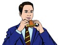 Vector colorful comic style illustration of a business man with burger in his hands.