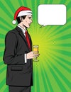 Vector colorful comic style illustration of a handsome man drinking champagne at Christmas corporate party.