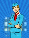 Vector colorful comic style illustration with smiling stewardess over halftone dot background Royalty Free Stock Photo