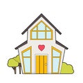 Vector colorful contour illustration of a cute country house. Dollhouse front view. Rental and sale of housing. Outline picture of Royalty Free Stock Photo