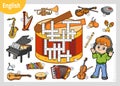 Vector colorful crossword in English, education game. Cartoon boy in headphones and set of musical instruments Royalty Free Stock Photo