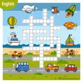 Vector crossword in English, education game for children. Cartoon set of transport